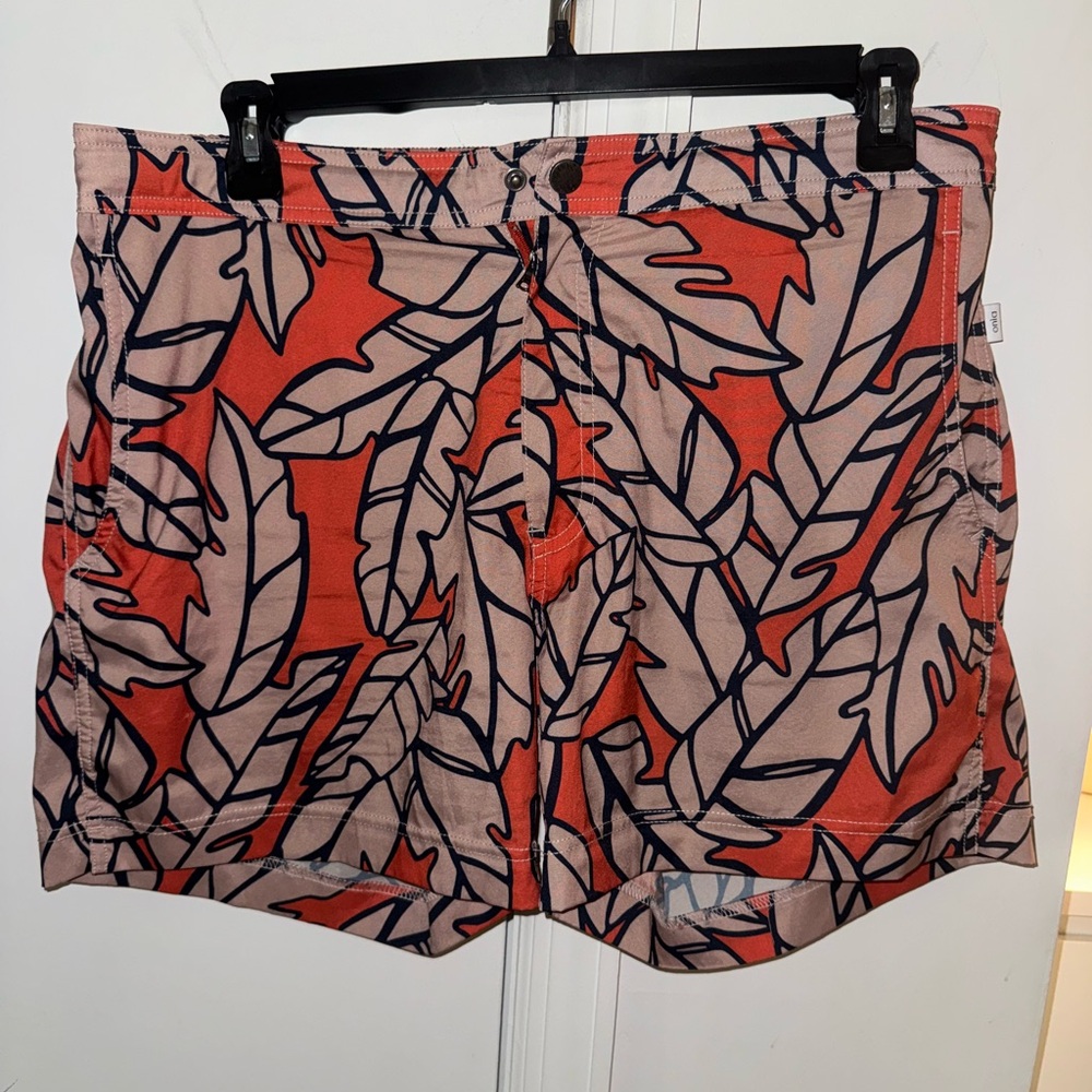 Onia Red and Black Leaf Print Men's Swim Trunks